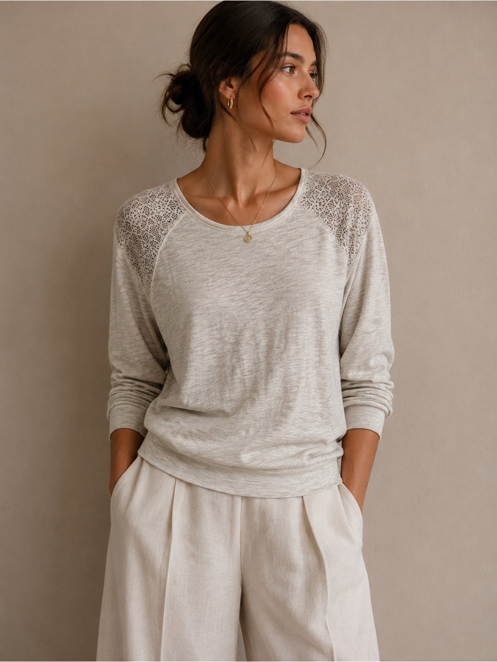 DKNY Heather Gray Lace Shoulder Long Sleeve Top Size Large NWT